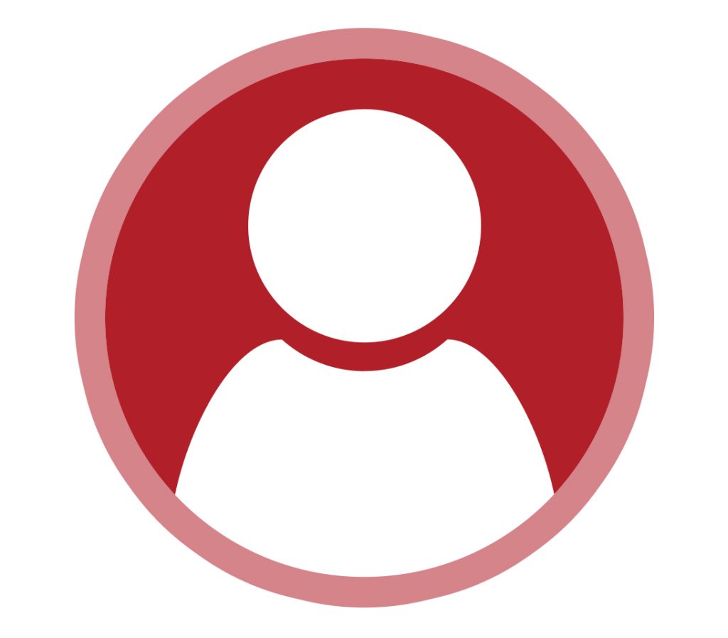 A red and white icon of a person in a circle.