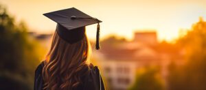 A woman in graduation cap and gown looking out at the sunset.