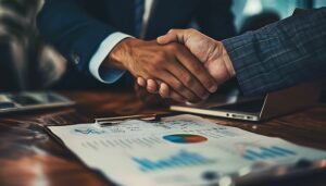 Two people shaking hands over a table with papers.