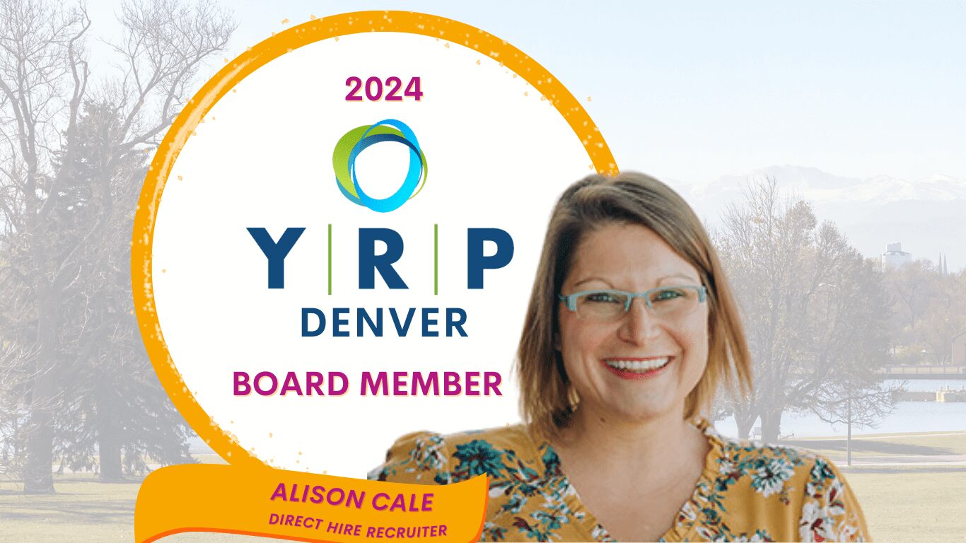 A woman smiling for the camera with her name and logo on it.