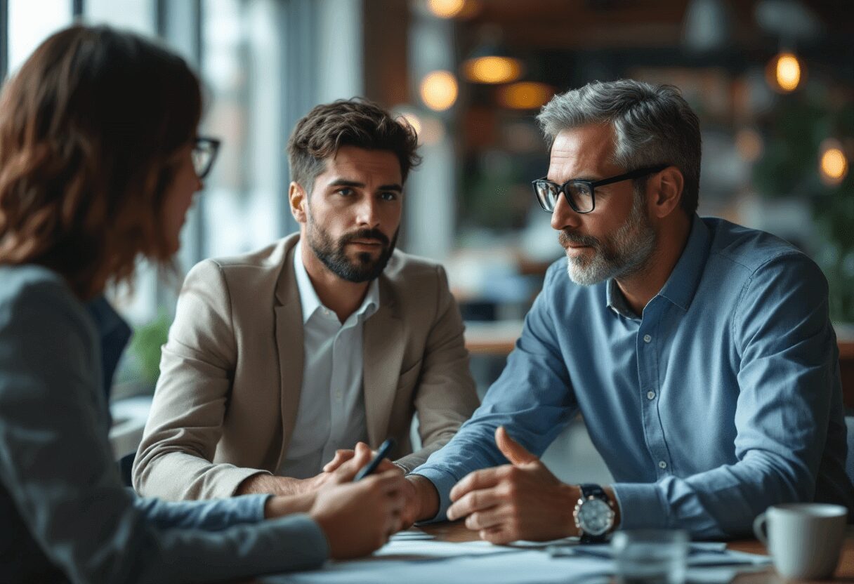 Two men listening intently in a meeting
