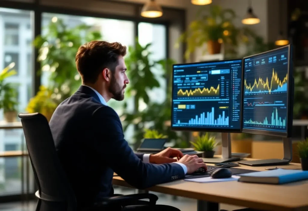 A man sitting at his desk in front of two computer monitors.